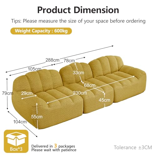Sofá modular de 3 plazas amarillo de espuma de alta densidad 32D y asiento profundo 3