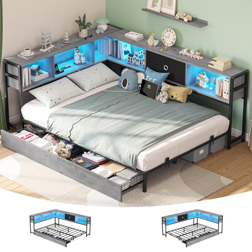 Hasuit Full Corner Bed Frame with Storage Drawers and Bookcase Headboard, Full Size Metal Platform Corner Bed Frame with Charging Station and LED Lights, Full Daybed for Kids Teens Guests, Oak Gray