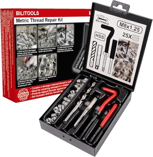 BILITOOLS Kit de Réparation de Filetage M8x1.25, Kit Helicoil Métrique avec Foret HSS