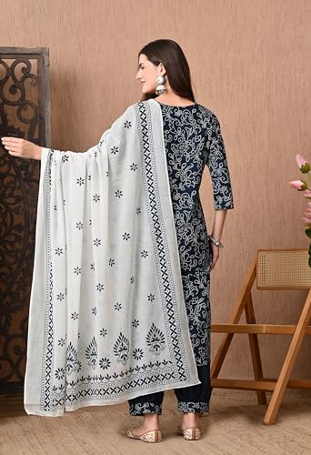 Image of Amazon Brand - Tavasya Women Cotton Anarkali Kurta Pant Dupatta Set | Printed Ethnic Suit Set | Flared Anarkali Kurta with Pant & Dupatta | Festive & Casual Wear