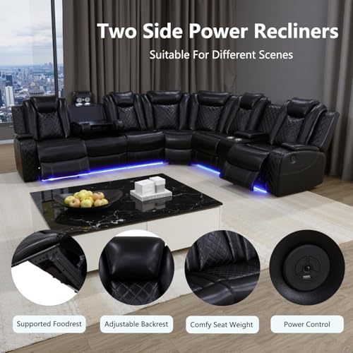 Image of Power Recliner Sectional Sofa, L-Shaped Living Room Furniture Set, Reclining Sectional Couch with Storage Console /Cup Holder for Living Room /House /Apt (Black-1, 5 Seater)