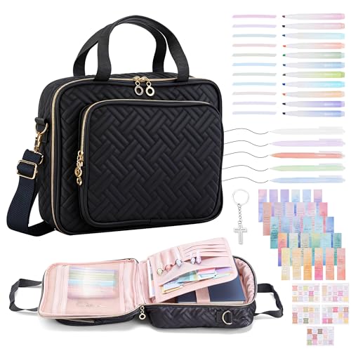VUSIGN Bible Cover Case with Shoulder Strap, All-in-One Bible Journaling Kit, Bible Study Supplies with Highlighters, Tabs & Gel Pens, Book Carrying Case & Christian Gift Bilbe Bag for Woman