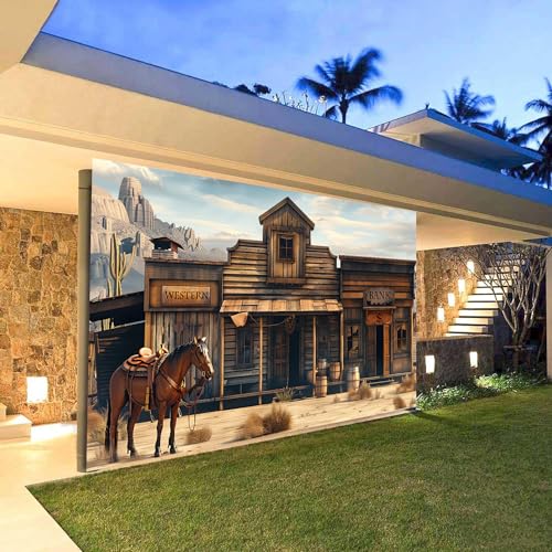 7X16ft Western Cowboy Bank Garage Door Decorations Cover, Vintage Wild West Wooden House Garage Door Background, Old Horse Barn Western Theme Party Outdoor Indoor Yard Decor Supplies by Dtekoj - Used condition - Image 5