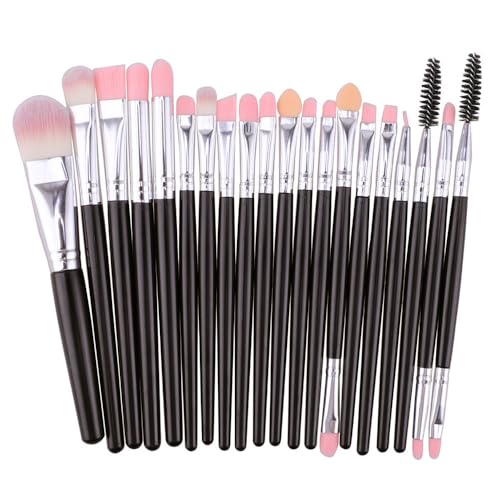 Juego de 20 brochas de maquillaje: cerdas sintéticas suaves para base, sombras de ojos y más. Nailon hipoalergénico. Mango negro y tubo plateado.