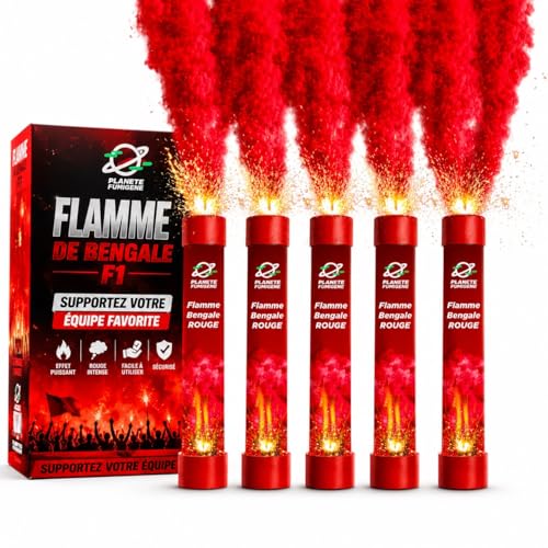 PLANETE FUMIGENE Fumigène Flamme de Bengale ROUGE VIF - Lot de 5 - Torche durée 40 secondes - Allumage à Mèche, fumigene couleur à tenir en Main - idéal...