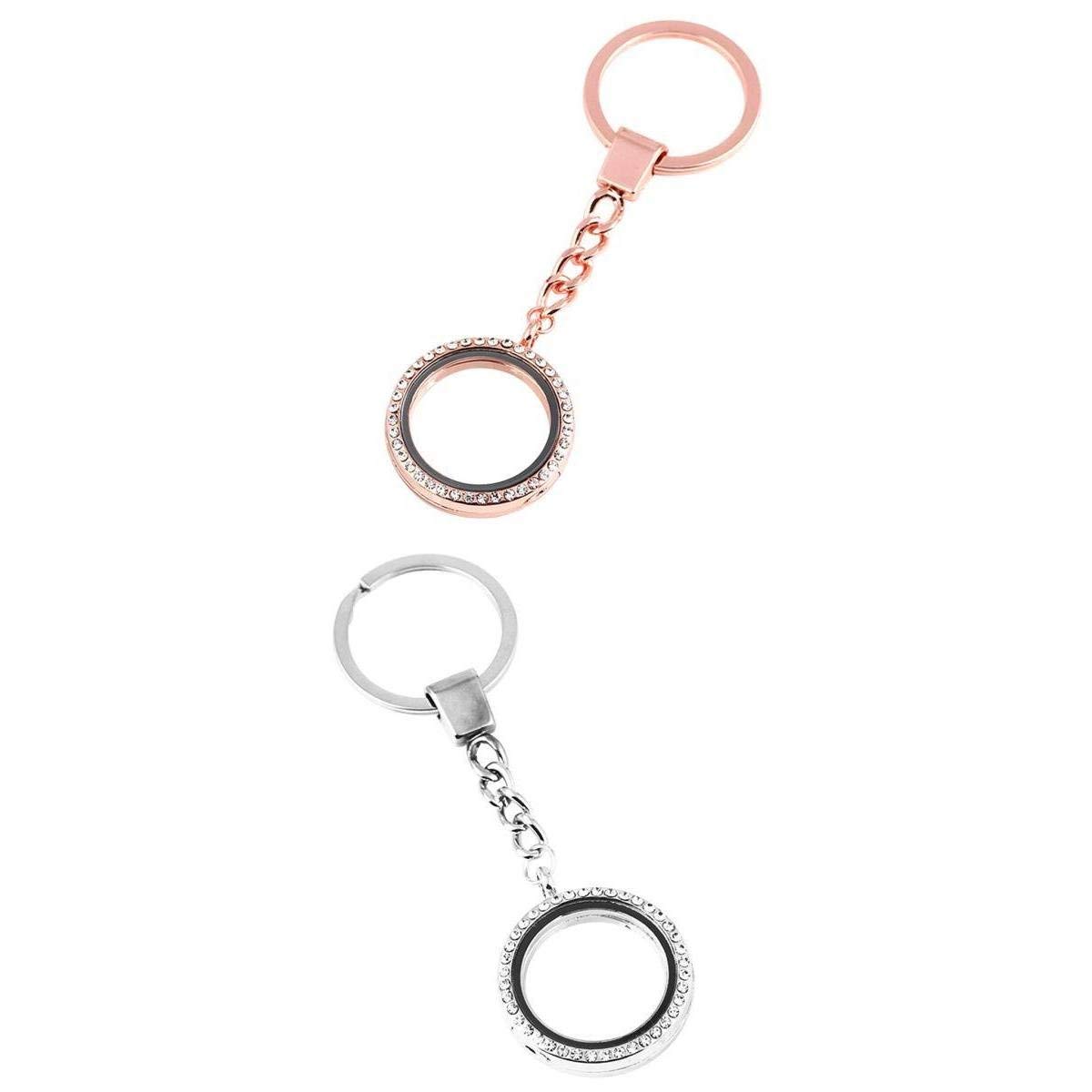 Inzopo Unisex Silver+Rose Gold 2 Pieces Crystal Round Floating Glass Locket Memory Keyring Charm Silver/Rose Gold