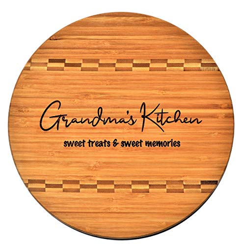 Grandma Gift - Bamboo Butcher Block Inlay Engraved Cutting Board - Grandma’s Kitchen Sweet Treats & Sweet Memories - Design Decor Birthday Mother Day Christmas Best Grandma Ever GK Grand (11.75 Round)