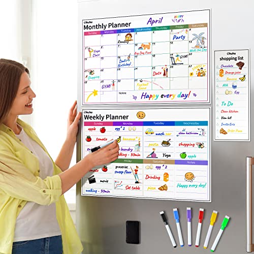 Magnetic Calendar for Fridge, Ohuhu 3 Pack Fridge Calendar 2024 Magnetic, Magnetic Planner for Fridge Including Monthly Planner, Weekly Planner & Daily Planner with 6 Marker Pens, 1 Dry Eraser