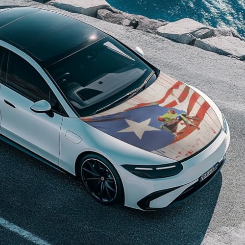 Image of Puerto Rico Flag Car Hood Cover Protector for SUV Sedans Trucks 59x39 Inch Stretchable Car Hood Wrap Blankets Waterproof Sun Proof Auto Patriotic Decorations