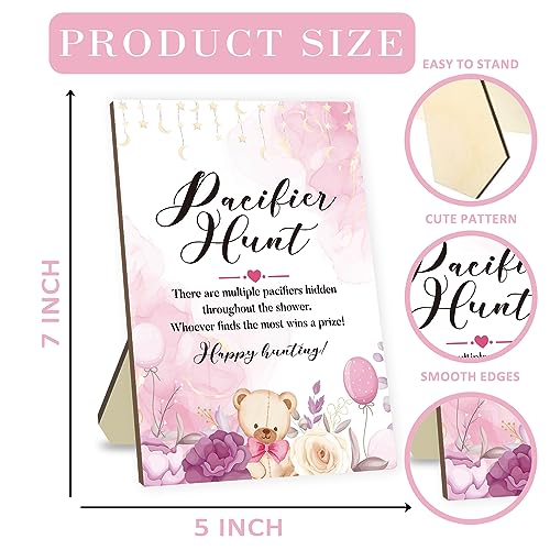 Image of Baby Pacifier Hunt Game Set, Pacifier Hunt Baby Shower Games Baby Pacifier Hunt, Include Wooden Bear Theme Pacifier Hunt Sign Board Baby Shower Sign Board with 50 Pink Acrylic Baby Pacifiers