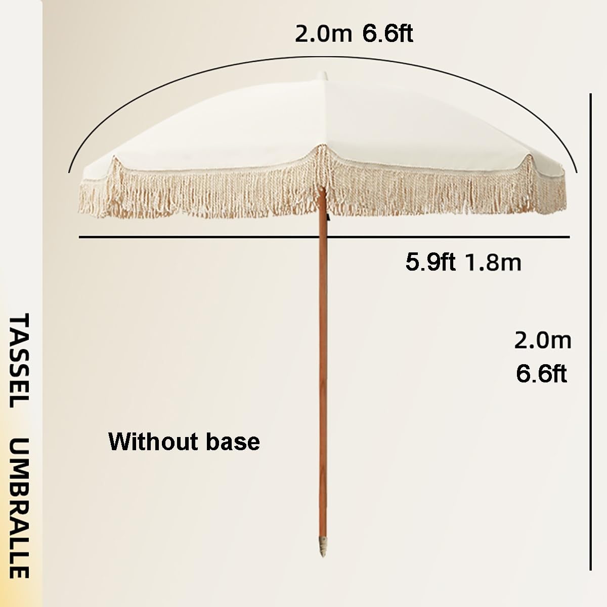 2.0m Parasol De Terrasse, Parasol De Plage Bohème En Bois Avec Ancrage, UV 50+, Baleines En Fibre De Verre, Blanc