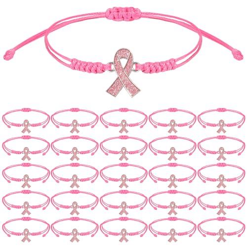 SINCCO 25 Pcs Breast Cancer Awareness Bracelets Bulk, Pink Ribbon Breast Cancer Awareness Bracelet Items Inspirational Wristband Accessories for Women Gifts Survior Party Favor