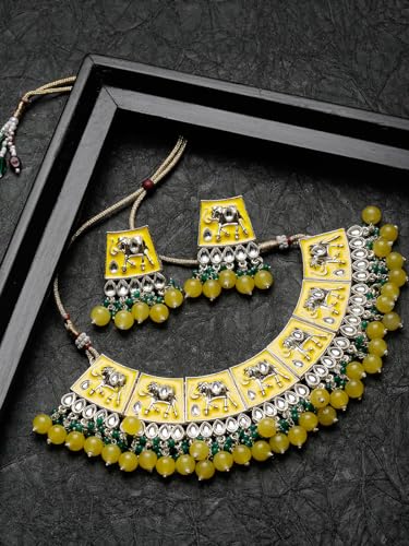 Plated Meenakari Kundan Green Collar Necklace Set