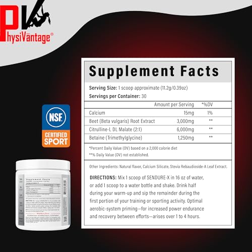 Image of Sendure-X Beetroot + Citrulline Powder - Caffeine-Free Pre-Workout - Boosts Blood Flow, Energy, VO2 Max, Endurance, Recovery - NSF Sport Certified, Peak Performance, Natural - 30 Servings Wild Berry