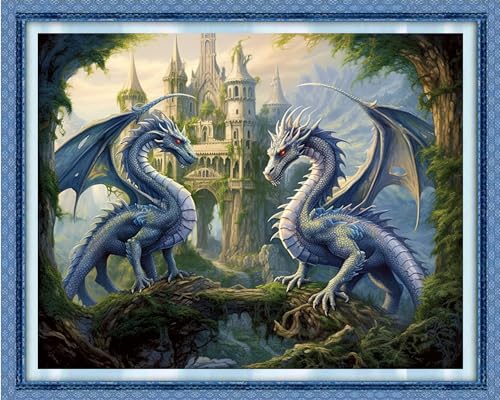 DMCVIVR Stamped Cross Stitch Kits for Adults Beginners Embroidery Kits 11CT Needlepoint Kits Cross Stitch Patterns Embroidery Patterns-Dragon Castle 16x20 inch