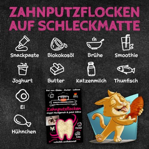 QCHEFS ZAHNPUTZFLOCKEN Katze Zahnpflege zum Lecken von Schleckmatte mit Nassfutter, Lachsöl, Katzenmilch, Malz Paste, Katzenfutter oder Leckerli