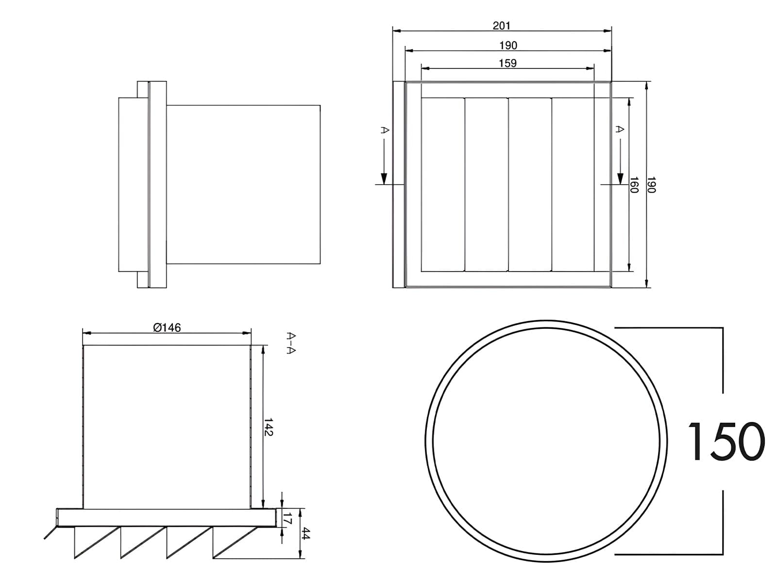 E-Jal 150 Mauerkasten inkl. THERMOBOX Wärmerückhaltesystem Rundrohranschluss Compair flow 150 System Ø 150