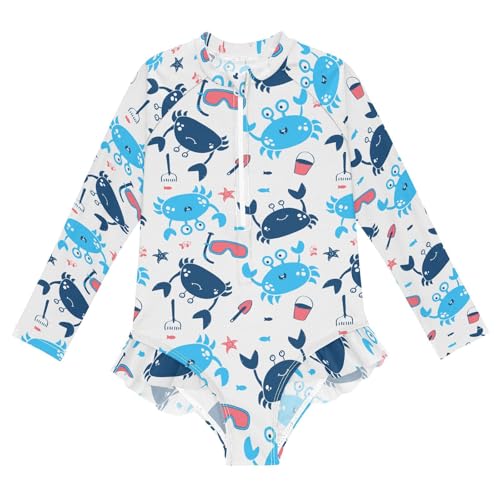 CaTaKu Girls One Piece Swimsuit Cute Crab Print Bathing Suit Long Sleeve UPF 50+ Rash Guard Swimwear 3-12Y
