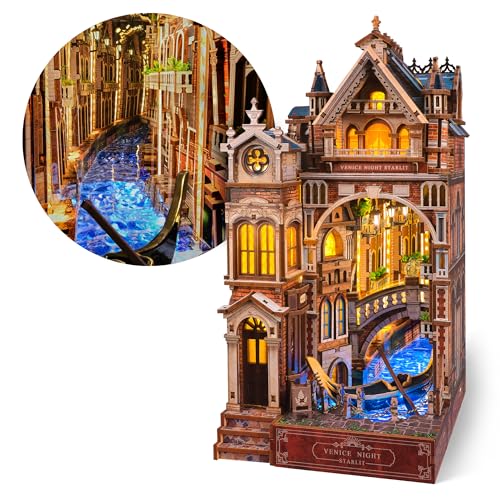 FUNPOLA Venice Night Starlit Book Nook Kit – Puzzle 3D de Madera con Espejo Infinito LED – Decoración DIY para estantería, Miniatura Creativa para niños y Adultos (Venecia Estrellada)