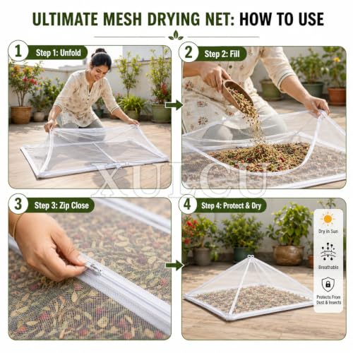 Image of FREE Oil Brush with XULCU 40 x26 cm Large Pure Cotton Papad & Vadagam Drying Cloth, Protective Zipper Net Cover, Reusable Breathable Sun Drying Sheet for Spices, Millets & Grains, Pack of 1 (WHITE)