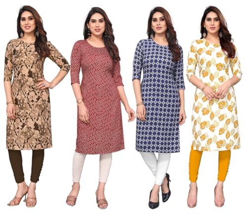 Image of JAKHANA Women's Crepe Printed Casual Straight Calf Length Round Nick Kurta Pack of 4