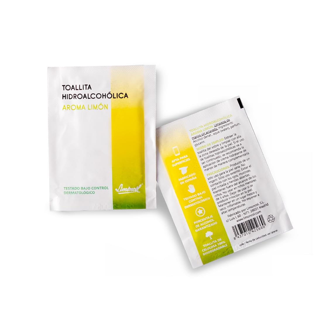 Toallitas Hidroalcohólicas Aroma Limón en Sobres Individuales, 70% Alcohol, Para Manos y Superficies, Pack 100 Unidades