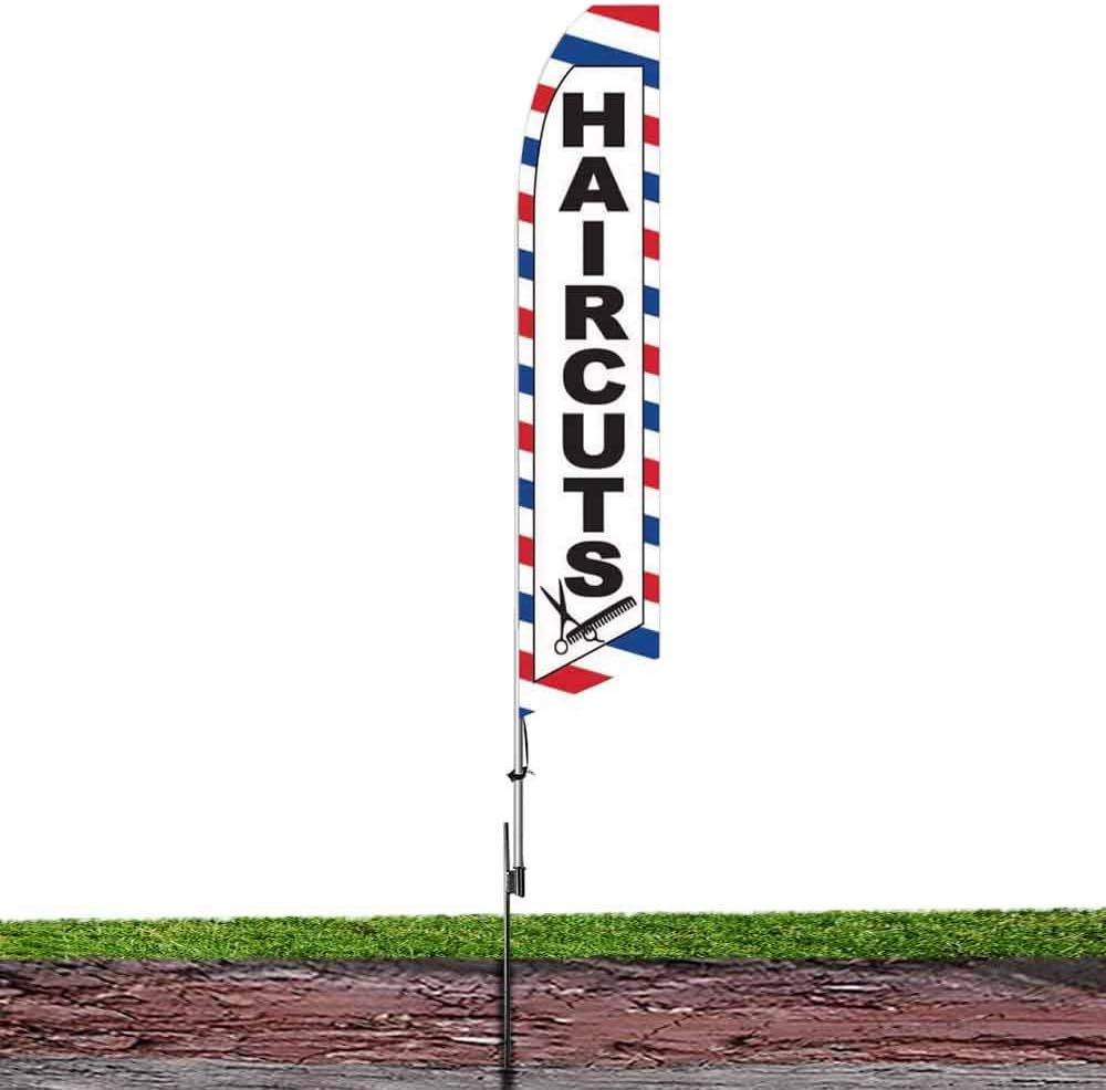 Haircuts (White) Super Novo Feather Flag - Complete with 15ft Pole Set and Ground Spike