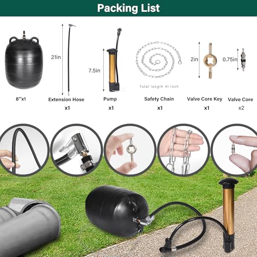 Image of 8 Inch Inflatable Pipe Plug Kit with Fast Air Pump & Extension Hose, Heavy Duty Rubber Sewer Test Ball with Safety Chain & Valve Tool for Drain Blocking & Leak Testing(Fits 7.8 inch-8.2 inch Pipes)