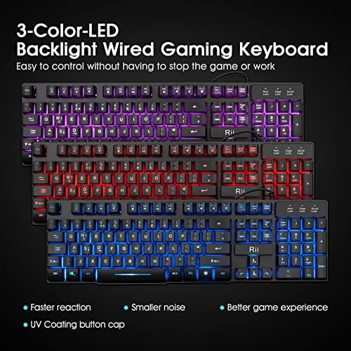 Rii RK108 Gaming Keyboard and Mouse Set,Wired LED Light Up Keyboard Mouse with 3 Colors Backlit (Red/Purple/Blue),Compatible with PC,Laptop,Windows,Gamer,Xbox one,PS4,PS5-UK Layout - Image 2