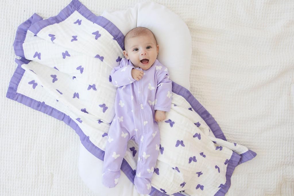 Organic Cotton Baby Blanket | Soft & Breathable 6-Layer Swaddle & Receiving Blanket | Lightweight Quilt for Newborns & Toddlers | Gender-Neutral(Multiple Adorable Prints) (Lilac Flutter)