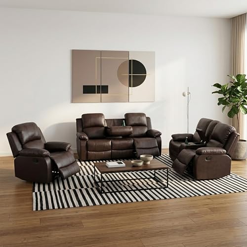 ELDANISH 3 Piece Leather Living Room Furniture Sets,Mauanl Sectional Couches,Multifunctional Recliner Sofa Set with Cup Holders/Storage Console for Living Room/Office (Chair+Loveseat+Sofa,Brown)