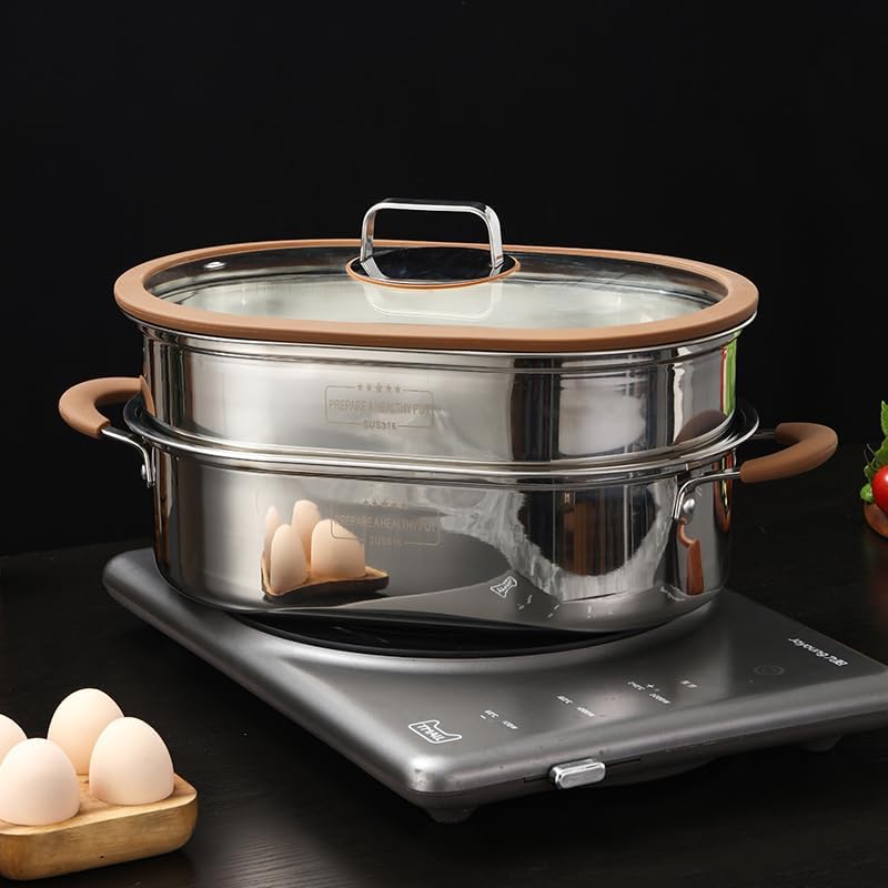 Stainless steel fish steamer, household thick oval steamer, 2-Tier Fish and Vegetable Steaming Cookware