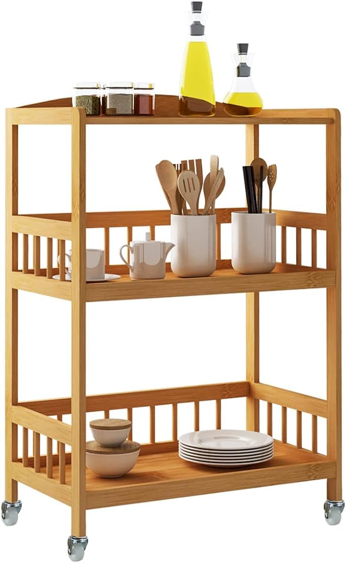 Carrito de cocina de madera de bambú con 3 estantes, multiusos, carrito de bambú para transportar alimentos