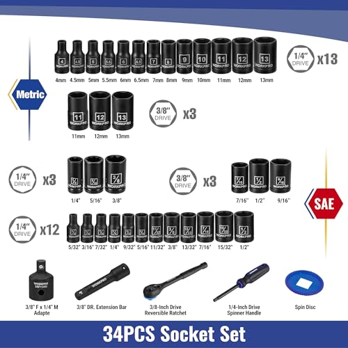 Image of WORKPRO 39PC Drive Socket Wrench Set, 1 /4'' & 3 /8'' Sockets Kit, 3 /8 inch Ratchet, Extension Bar, Spinner Handle & Adapter, Premium Black Phosphate Finish Mechanics Tool Set with Tool Box, Metric & SAE