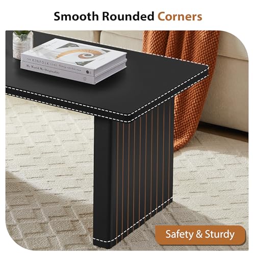 Image of Rectangular Fluted Coffee Table, Farmhouse Wood Coffee Table Mid Century Modern Center Table Boho Living Room Tables for Living Room Office (Black, 19.69 inch D x 43.3 inch W x 17.72 inch H)