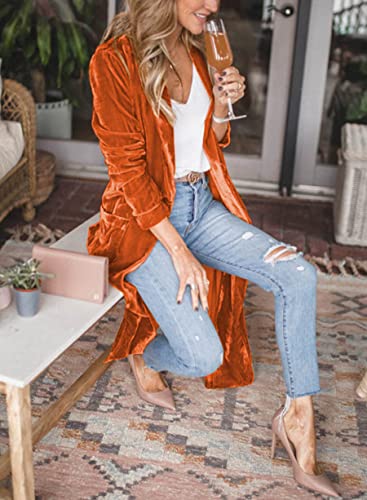 Image of Women's Long Velvet Cardigan Jacket Lapel Collar Open Front Vintage Cardigan Sweater with Pocket