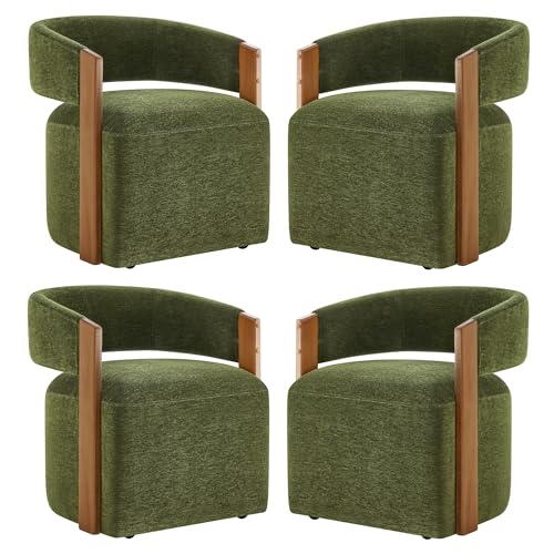 Image of KISLOT Upholstered Dining Chairs with Casters, Modern Barrel Side Armchair with Rollers & Wooden Armrest for Dining Room, Bedroom, Kitchen, Reading Room, Green, Set of 4
