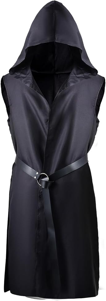 Renaissance Costume Holloween Cloak with Belt Set Halloween Costume for Men Sleeveless Hooded Cape Pirate Cosplay