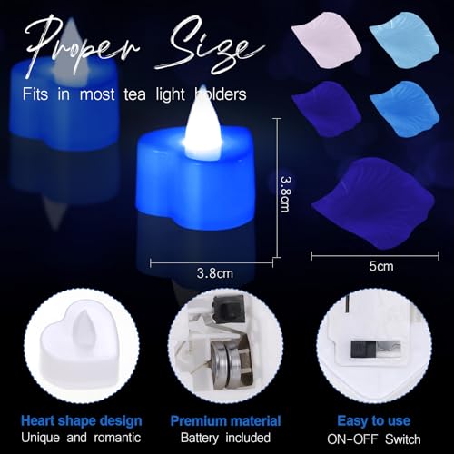 Image of Coume 6000 Pieces Artificial Rose Petal 72 Pieces LED Tealights Candle, Romantic Decorations Special Night Rose Petal Heart Candle for Valentines Wedding Anniversary Proposal Decor(Cute Blue Light)