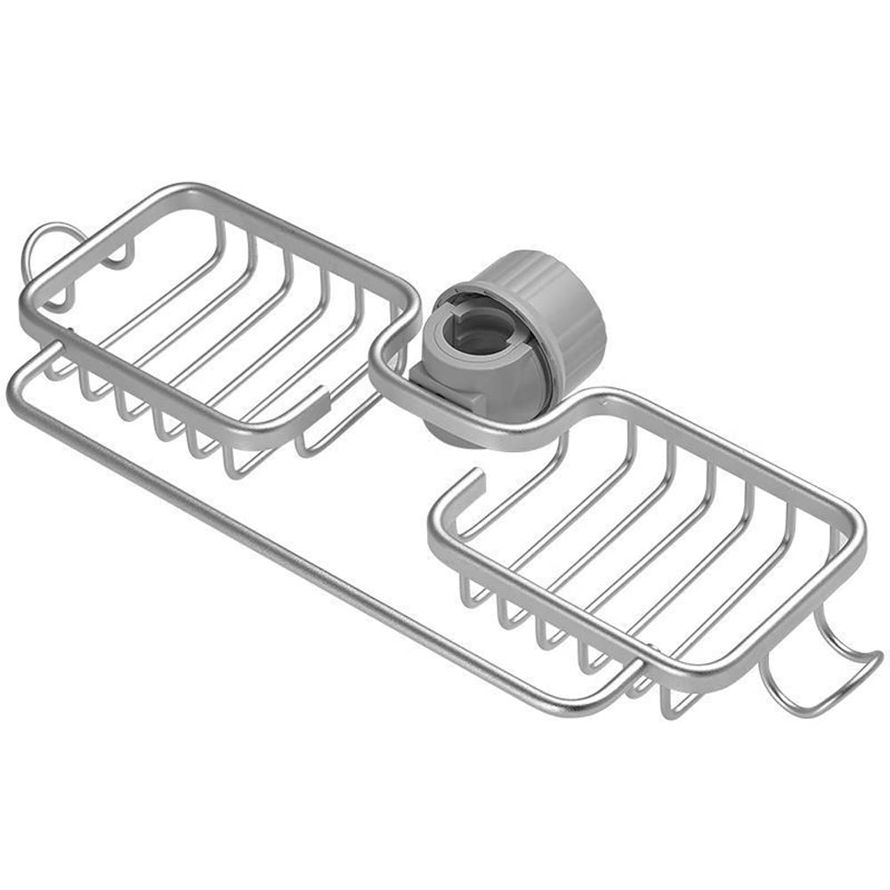 WINGSIGHT Faucet Sponge Holder Upgraded Kitchen Sink Caddy Organizer with Dish Towels Drying Rack & Hooks Over Faucet Hanging Faucet Drain Rack for Sink Organizer (Double-with Towel Rack, Silver)