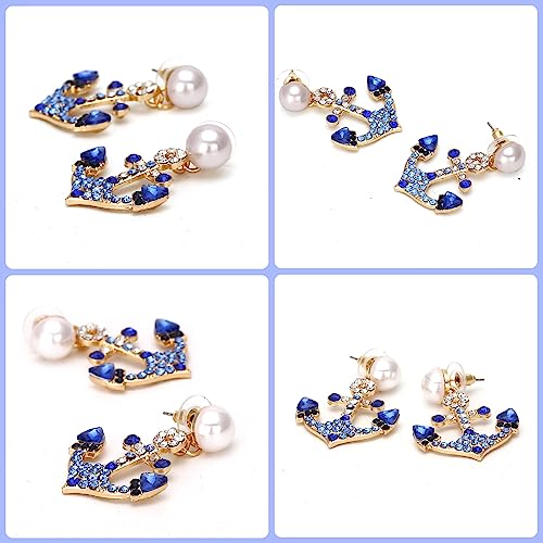 Anchor Earrings for Women Blue Rhinestone Earrings Pearl Drop Earrings Nautical Outfits for Women Rhinestone Pearl Earrings Nautical Jewelry for Women Yacht Accessories - Thumbnail 6