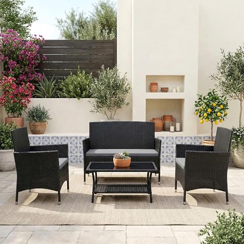 Image of OUTLIVING Outdoor 4 Seater Sofa Set || Patio Furniture Sets || Balcony Sofa || Indoor Sofa || Wicker Rattan Garden Sofa Set with Cushion and Center Table (Black /Grey)