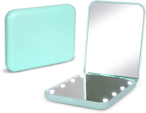 Kintion Pocket Mirror, 1X/3X Magnification LED Compact Mirror (Cyan) | Travel Mirror with Light for Purse, 2-Sided, Portable, Folding, Handheld, Small Lighted Mirror for Gift