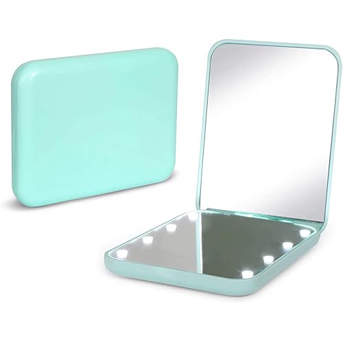 Kintion Pocket Mirror, 1X/3X Magnification LED Compact Travel Makeup Mirror with Light for Purse, 2-Sided, Portable, Folding, Handheld, Small Lighted Mirror for Gift, Cyan