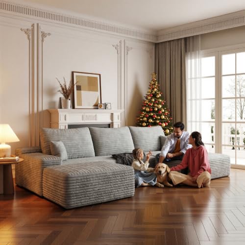 Image of Boneless Couch, Modular Sectional Couches for Living Room, U-Shaped Cloud Couch Sofa with Deep Seat, Fluffy Corduroy Upholstered Corner Sofa