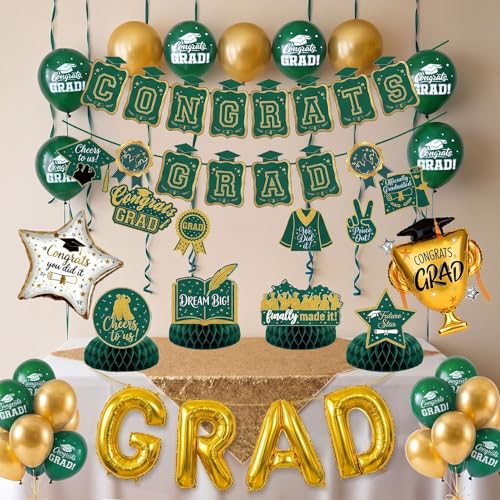 Image of Green Gold Balloons GRAD Print Balloons with Banner Table Honeycomb Centerpieces Hanging Swirl trophy star GRAD Letters Mylar Balloons for 2026 graduate Prom Decorations