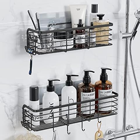 Tindbea Shower Caddy, Adhesive Shower Shelves with 6 Hooks, Bathroom Shower Organizer Racks No Drilling, Rustproof Stainless Steel Shower Storage Shelf for Inside Shower, 2 Pack, Matte Black Cover
