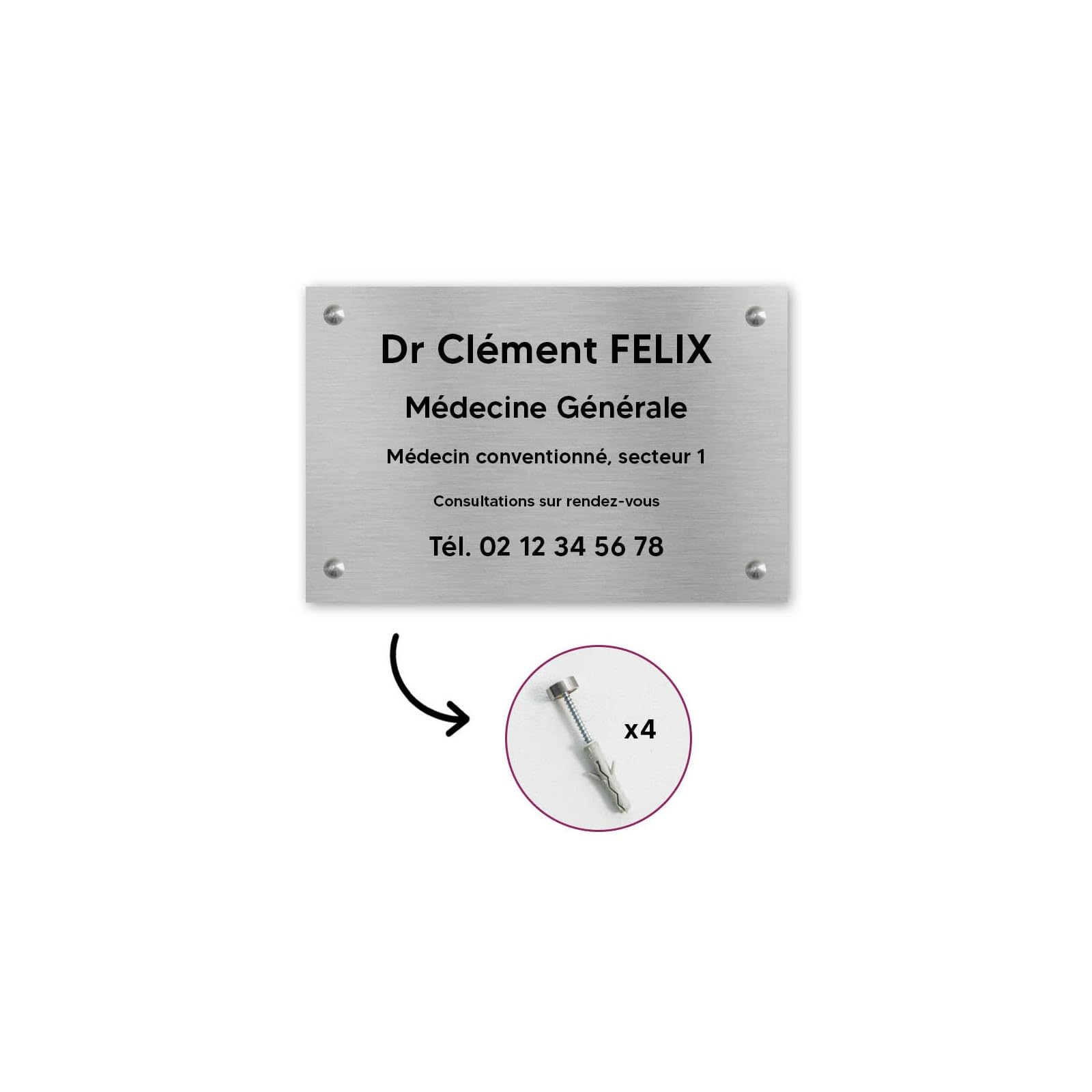 DECOHO - Plaque professionnelle personnalisée en PVC pour médecin - Argent lettres noires Vis + chevilles + cache vis