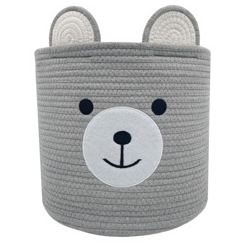 Image of Bear Basket, Cotton Rope Laundry Basket, Hamper for Girls Kids Baby, Nursery Hamper Bin, Woven Storage Shower Basket for Living Room Girls Room Boho Baskets for Blanket Toys 13.5"D x 12"H (Light Grey)