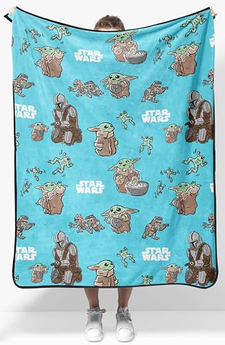 Jay Franco Kids Plush Throw Blanket – Soft & Cozy Fleece Throw for Bedroom & Couch Décor, Official Licensed Product, Blue - Star Wars Mandalorian, 40x50 - Travel Blanket